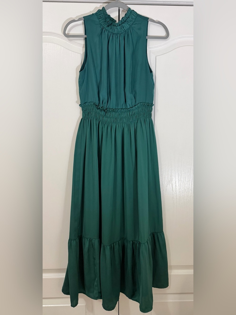 Knox Rose High Neck Satin Tiered Midi Dress in Teal Cove - Size Small